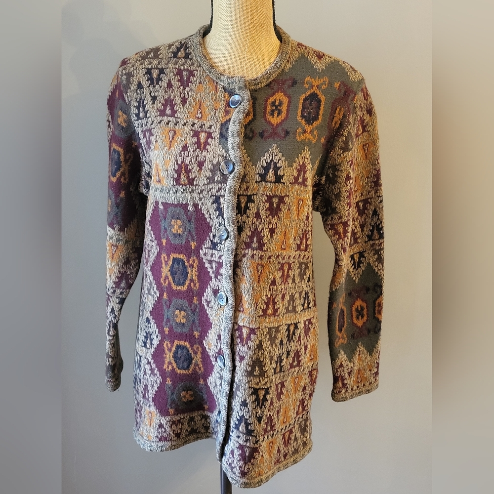 Doncaster Vintage 90s Wool Blend Cardigan Green/Maroon/Pumpkin Large
